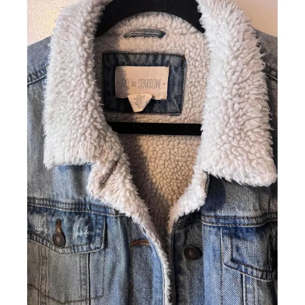 Sky and Sparrow Blue Denim Trucker Jacket with White Sherpa Lining XL - Picture 5 of 6